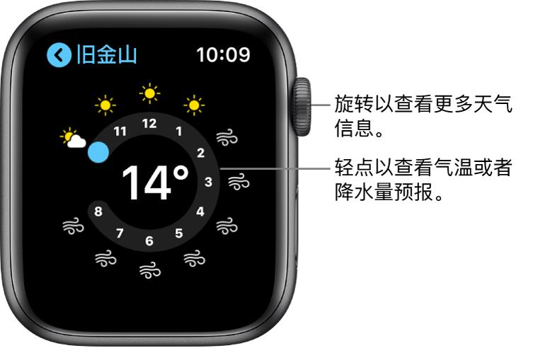 “天气” App 显示逐时天气预报。