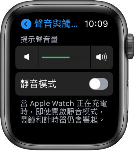 Apple Watch 上的「聲音與觸覺回報」設定，頂部有「提示聲音量」滑桿，其下方有「靜音模式」按鈕。