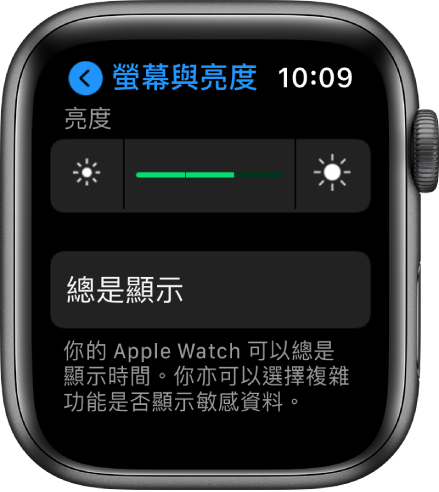 Apple Watch 上的「亮度」設定，其中「亮度」滑桿位於最上方，「總是顯示」按鈕則位於下方。