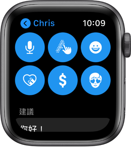 「訊息」畫面顯示 Apple Pay 畫面和「聽寫」、「隨手寫」、「表情符號」、「數碼點觸」和 Memoji 按鈕。
