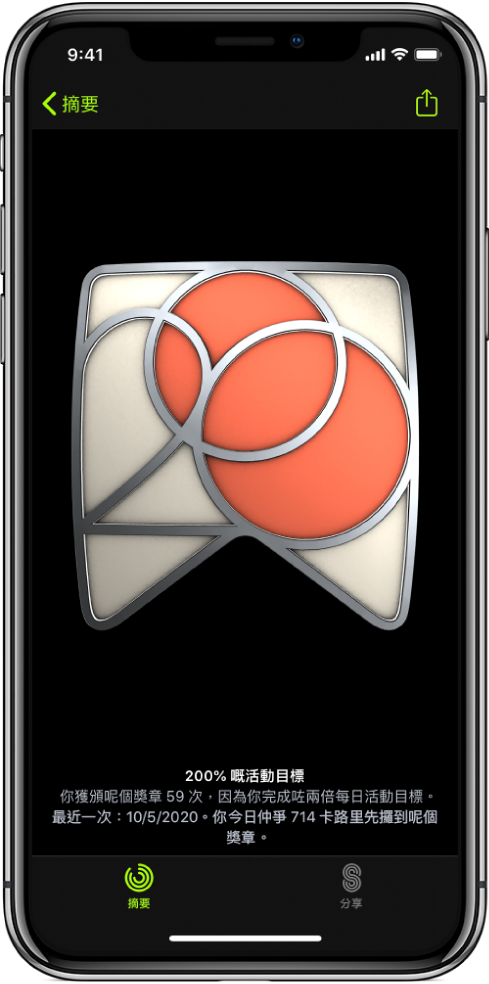 iPhone 上「健身」App 畫面的「獎章」分頁，畫面中央顯示成就獎章。你可以拖移以旋轉獎章。右上角有「分享」按鈕。