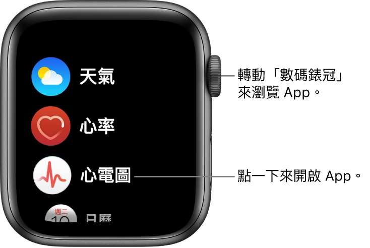 Apple Watch 上「列表顯示方式」的主畫面，App 以列表方式顯示。點一下 App 即可開啟。捲動即可查看更多 App。