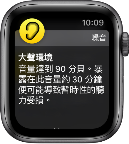 「噪音」畫面顯示 90 dB 的分貝水平。下方顯示長時間暴露於此音量水平的警吿。