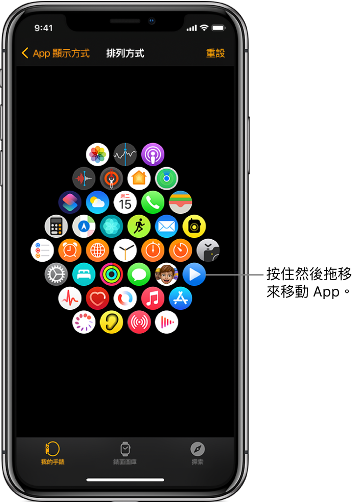 Apple Watch App 中的「排列方式」畫面顯示圖像網格。