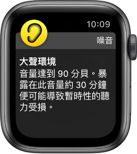 有關 90 分貝聲音水平的「噪音」通知。下方為長期暴露於此噪音水平的警吿。