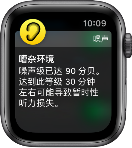 显示“噪声”通知的 Apple Watch。与通知相关联 App 的图标显示在左上方。您可以轻点图标来打开 App。