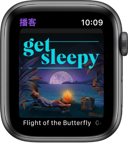 Apple Watch 上的“播客” App 显示播客插图。轻点插图以播放单集。