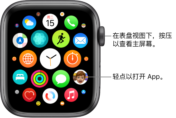 Apple Watch 上网格视图中的主屏幕，App 以群组方式显示。轻点以打开 App。拖移以查看更多 App。