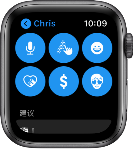 “信息”屏幕显示 Apple Pay 按钮，以及“听写”、“随手写”、“表情符号”、“数码点触”和“拟我表情”按钮。