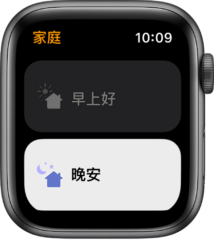 Apple Watch 上的“家庭” App，显示两个场景：“早上好”和“晚上好”。“晚上好”已高亮显示。