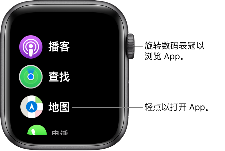 Apple Watch 上列表视图中的主屏幕，App 以列表方式显示。轻点以打开 App。滚动以查看更多 App。