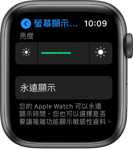 Apple Watch 上的「亮度」設定，最上方為「亮度」滑桿，下方為「永遠顯示」按鈕。