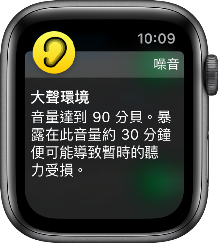 Apple Watch 顯示「噪音」通知。與通知相關聯的 App 圖像會顯示在左上角。您可以點一下圖像來打開 App。