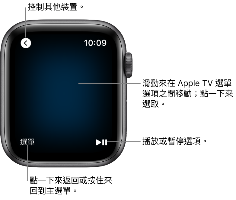 Apple Watch 當作遙控器使用時的螢幕。「選單」按鈕位於左下方；「播放/暫停」按鈕則位於右下方。「返回」按鈕位於左上角。