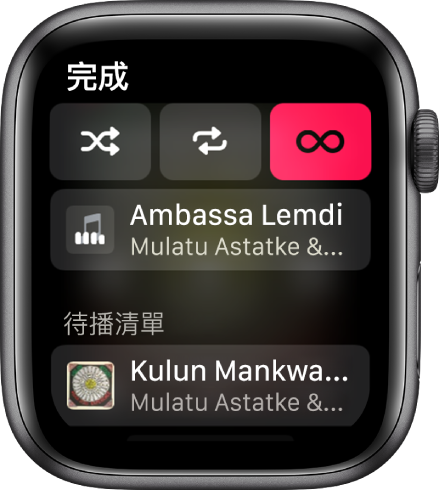 曲目列表視窗最上方顯示「隨機播放」、「重複」和「自動播放」按鈕，下方直接顯示一首歌曲。底部附近的「待播清單」下方顯示另一首歌曲。