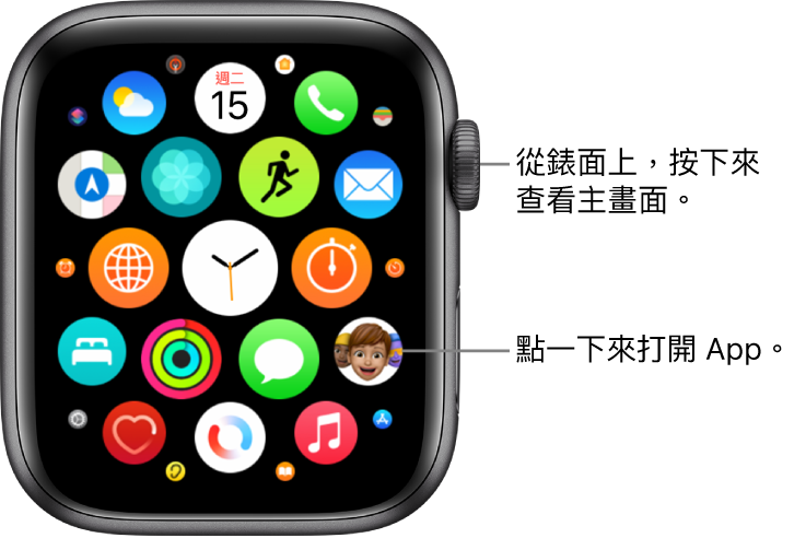 Apple Watch 上格狀顯示方式的主畫面，App 聚集顯示。點一下 App 來打開。拖移來查看更多 App。