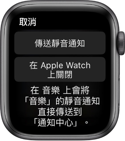 Apple Watch 上的通知設定。頂部按鈕文字是「傳送靜音通知」，下方按鈕文字是「在 Apple Watch 上關閉」。