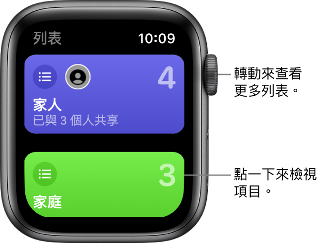 「提醒事項」App 的「列表」畫面顯示兩個列表按鈕：「家庭」和「住家」。大型數字表示每個列表中有多少提醒事項。「家庭」按鈕包含文字「已與 3 位成員共享」。點一下列表來檢視其中的項目，或轉動數位錶冠來查看更多列表。
