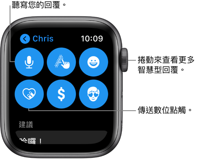 顯示「聽寫」、「隨手寫」、「表情符號」、「數位點觸」、Apple Pay 以及 Memoji 按鈕的回覆畫面。智慧型回覆內容如下。轉動數位錶冠來查看更多智慧型回覆。