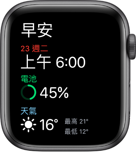 顯示起床畫面的 Apple Watch。文字「早安」顯示在最上方。日期、時間、電池電量和天氣位於下方。