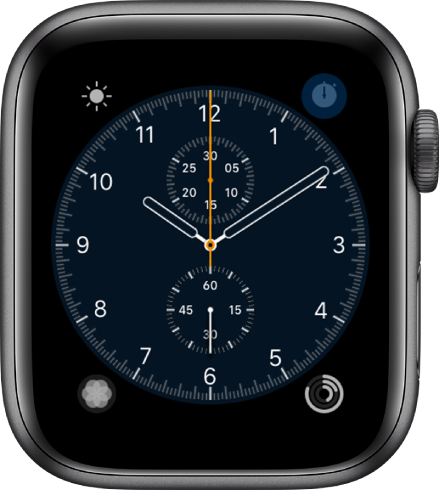 您可以在「計時碼錶」錶面上調整錶面顏色和錶盤刻度。顯示四個複雜功能：「天氣」位於左上角、「碼錶」位於右上角、「呼吸」位於左下角，以及「活動記錄」位於右下角。