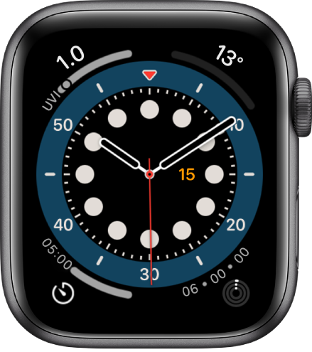 「正數計時」錶面。顯示四個複雜功能：「紫外線指數」位於左上角、「氣溫」位於右上角、「計時器」位於左下角，以及「活動記錄」位於右下角。