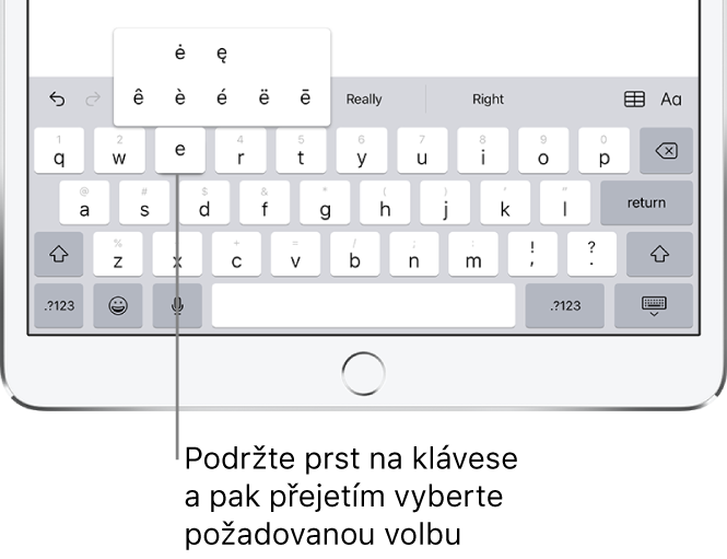 Obrazovka, na níž jsou vidět alternativní znaky s diakritikou pro klávesu „e“