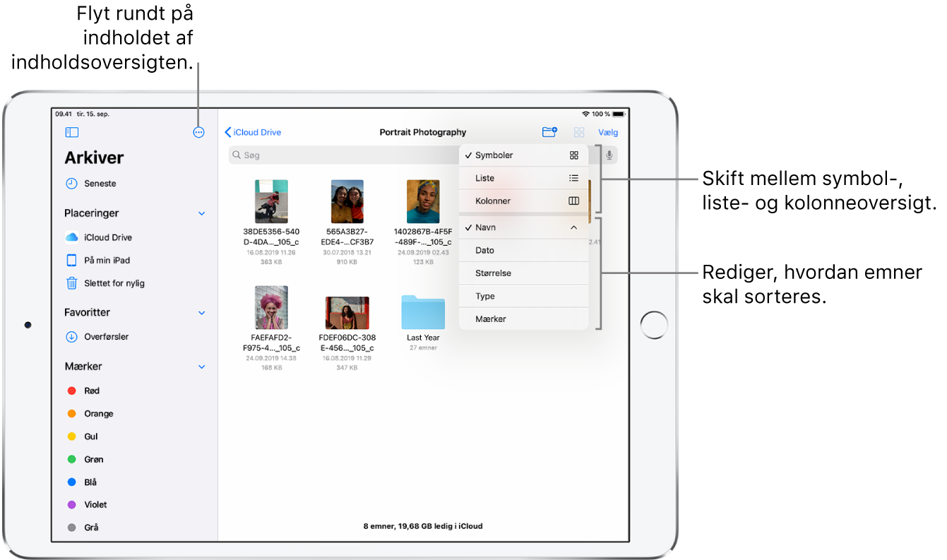 En placering i iCloud Drive med knapper, der bruges til at flytte rundt på indholdet i indholdsoversigten, sortere efter Navn, Dato, Størrelse og Mærker og skifte mellem listeoversigt og symboloversigt.