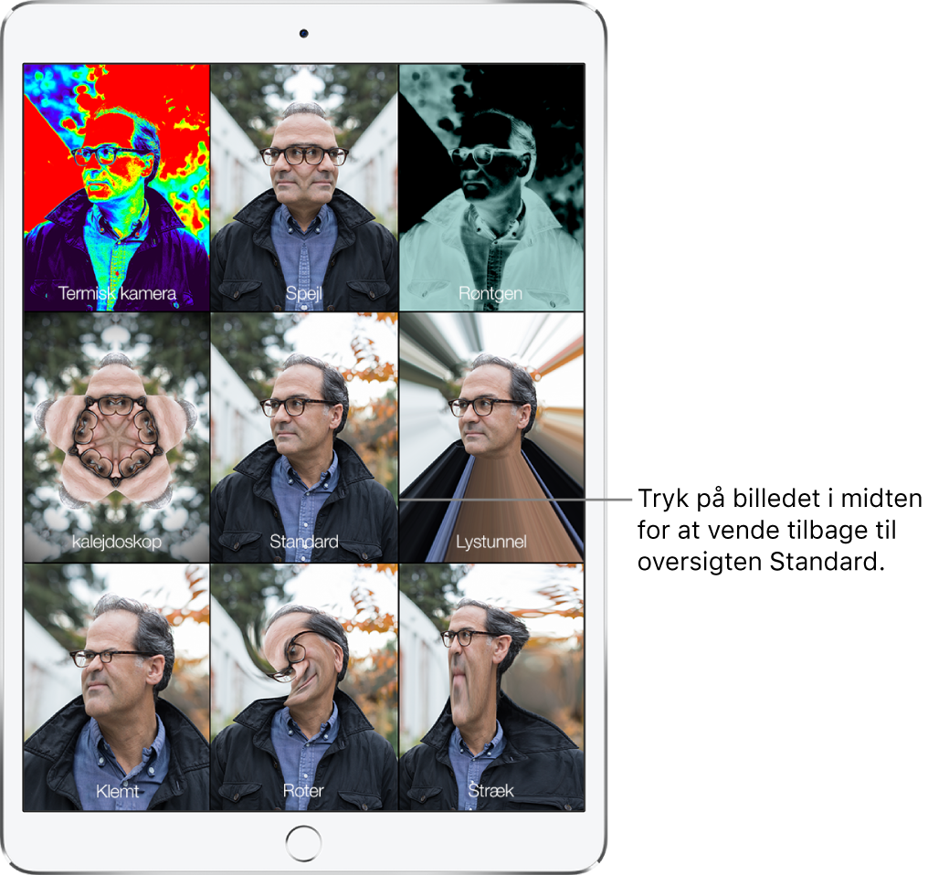 En Photo Booth-skærm, der viser ni billeder af en mands ansigt med forskellige effekter i hvert felt. I øverste række fra venstre mod højre ses effekterne Termisk kamera, Spejl og Røntgen. I den midterste række fra venstre mod højre ses effekterne Kalejdoskop, Standard og Lystunnel. I den nederste række fra venstre mod højre ses effekterne Klemt, Roter og Stræk.