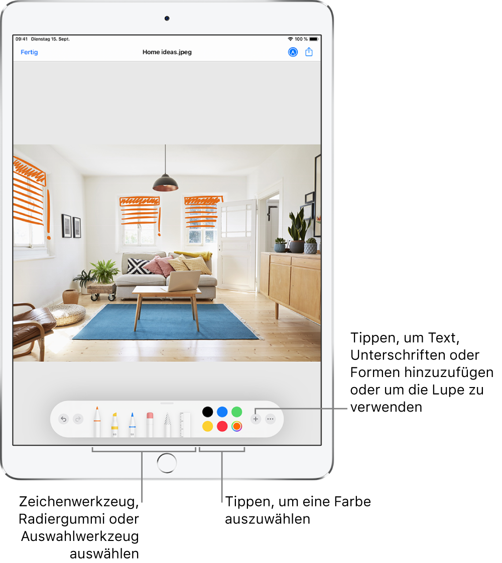Ein Bild im Fenster „Markierungen“. Unter dem Bild sind von links nach rechts die folgenden Markierungswerkzeuge zu sehen: Malstifte, Radiergummi, Auswahlwerkzeug und Farben, Tasten zum Hinzufügen eines Textrahmens, deiner Unterschrift und von Formen sowie die Lupe.