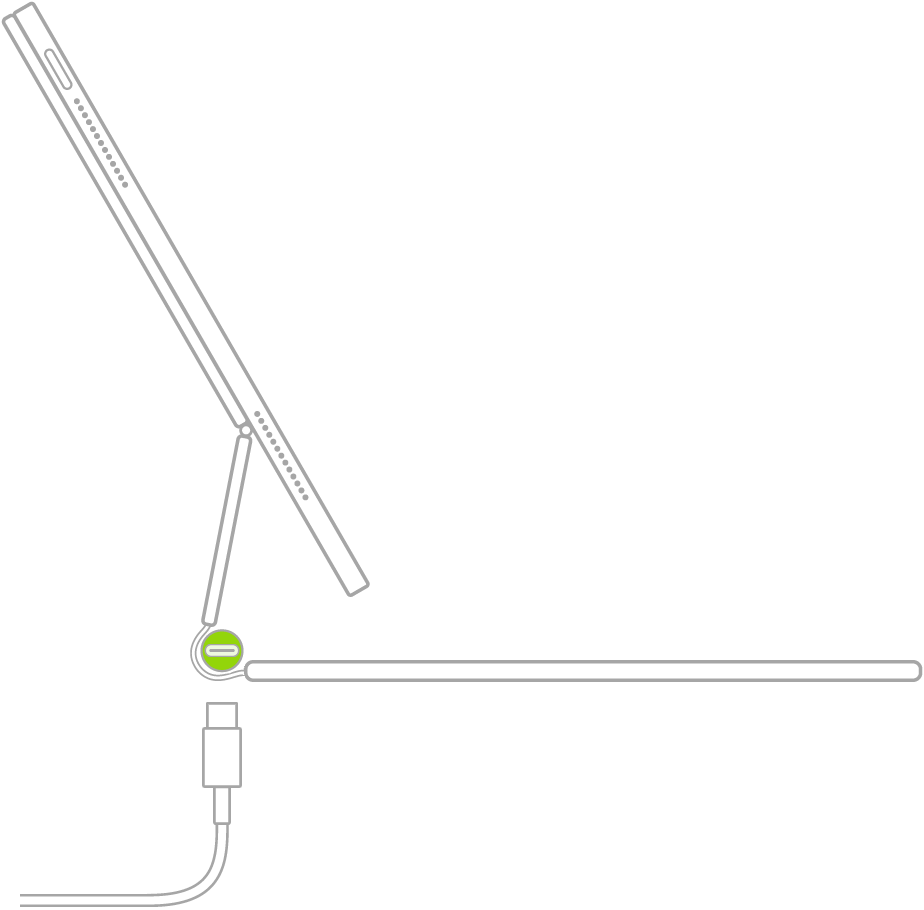 Eine Abbildung zeigt die Position des USB-C-Ladeanschlusses unten auf der linken Seite des Magic Keyboard für iPad.