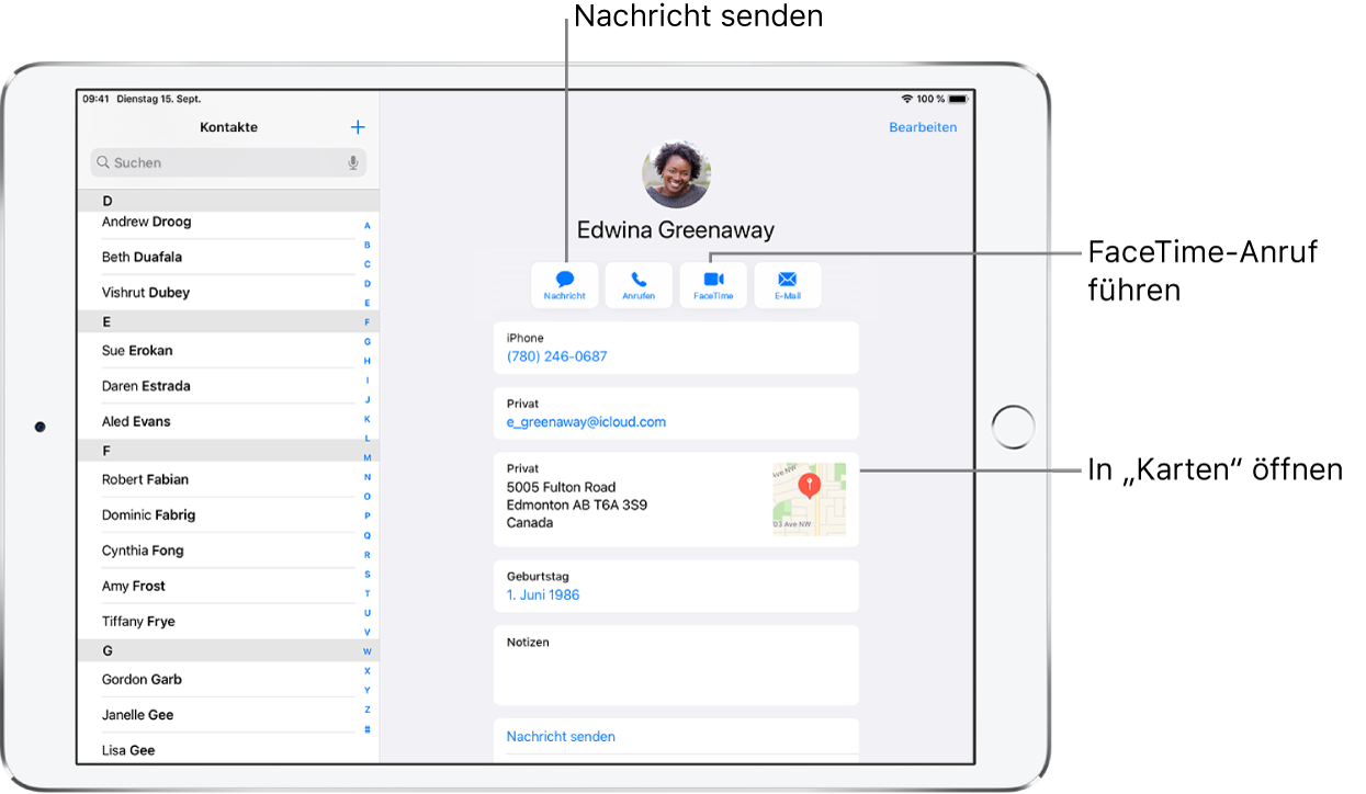 Der Bildschirm „Kontakte“ mit der Kontaktliste auf der linken Seite und der ausgewählten Kontaktkarte auf der rechten Seite. Unter dem Foto und dem Namen des Kontakts befinden sich die Tasten zum Senden einer Nachricht, zum Tätigen eines Telefon- oder FaceTime-Anrufs sowie zum Senden einer E-Mail-Nachricht und von Geldbeträgen mit Apple Pay. Unter den Tasten sind die Informationen des Kontakts zu sehen.