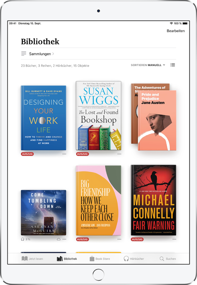Der Bildschirm „Bibliothek“ in der App „Bücher“. Oben auf dem Bildschirm befinden sich die Taste „Sammlungen“ und die Sortieroptionen. Die Sortieroption „Zuletzt“ ist ausgewählt. In der Mitte des Bildschirms werden die Cover der Bücher in der Bibliothek angezeigt. Unten auf dem Bildschirm sind von links nach rechts die Tabs „Jetzt lesen“, „Bibliothek“, „Book Store“, „Hörbücher“ und „Suchen“ zu sehen.