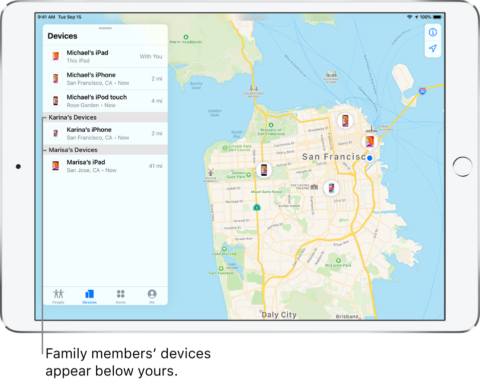 The Find My app open to the Devices tab. Michael’s devices are at the top of the list. Below are Karina’s iPhone and Marisa’s iPad. Their locations are shown on a map of San Francisco.