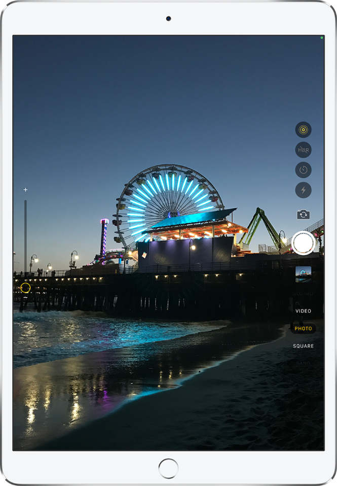An image on the Camera screen taken from iPad Pro. The Shutter button is on the right, along with buttons for switching between cameras and for choosing a photo mode.