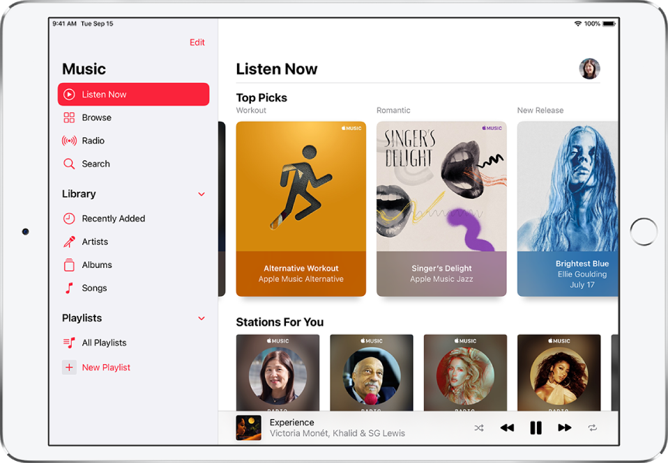 The Listen Now screen showing the sidebar on the left and the Listen Now section at the right. The Listen Now section has the profile button at the top right. Top Picks playlists appear below. Below Top Picks is the Stations For You section, showing four stations.