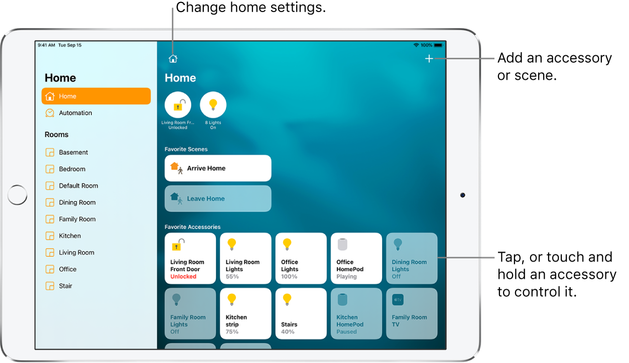 The Home app with the sidebar on the left, showing Home and Automation tabs near the top. Rooms within the home appear below. To the right, at the top are Homes, and the Home Settings button and Add button. Two status buttons appear near the top—one for the front door lock and another for 8 lights, that are switched on. Below that are scenes and accessories that have been marked as favorites.