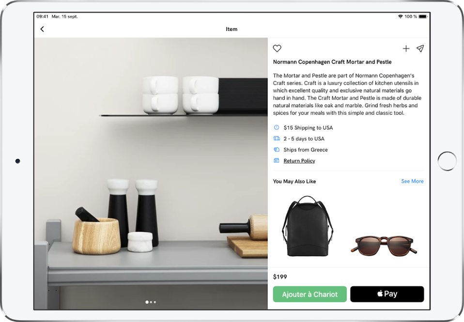 Une app affichant la page d’un produit avec le bouton « Acheter avec Apple Pay ».