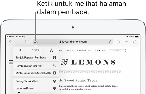 Bar alat Safari, dengan butang Pembaca di sebelah kiri medan alamat.