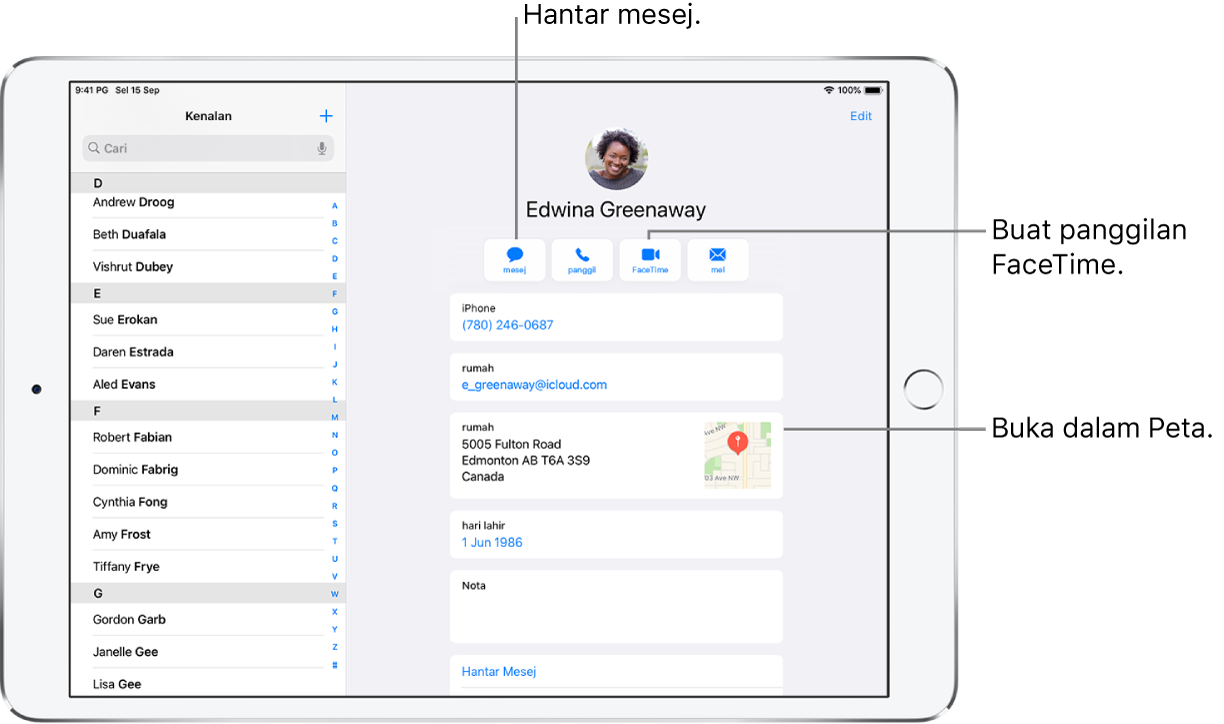 Skrin Kenalan, dengan senarai Kenalan di sebelah kiri dan kad kenalan dipilih di sebelah kanan. Di bawah foto dan nama kenalan adalah butang untuk menghantar mesej, membuat panggilan telefon, membuat panggilan FaceTime, menghantar mesej e-mel dan menghantar wang dengan Apple Pay. Di bawah butang ialah maklumat kenalan.