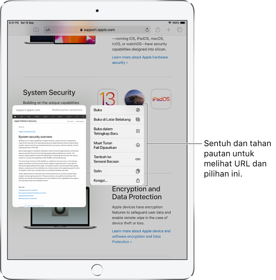 Tindanan menunjukkan alamat destinasi dan senarai tindakan yang boleh: Buka, Buka dalam Tab Baru, Buka dalam Spit View, Tambah ke Senarai Bacaan, Salin atau Kongsi.