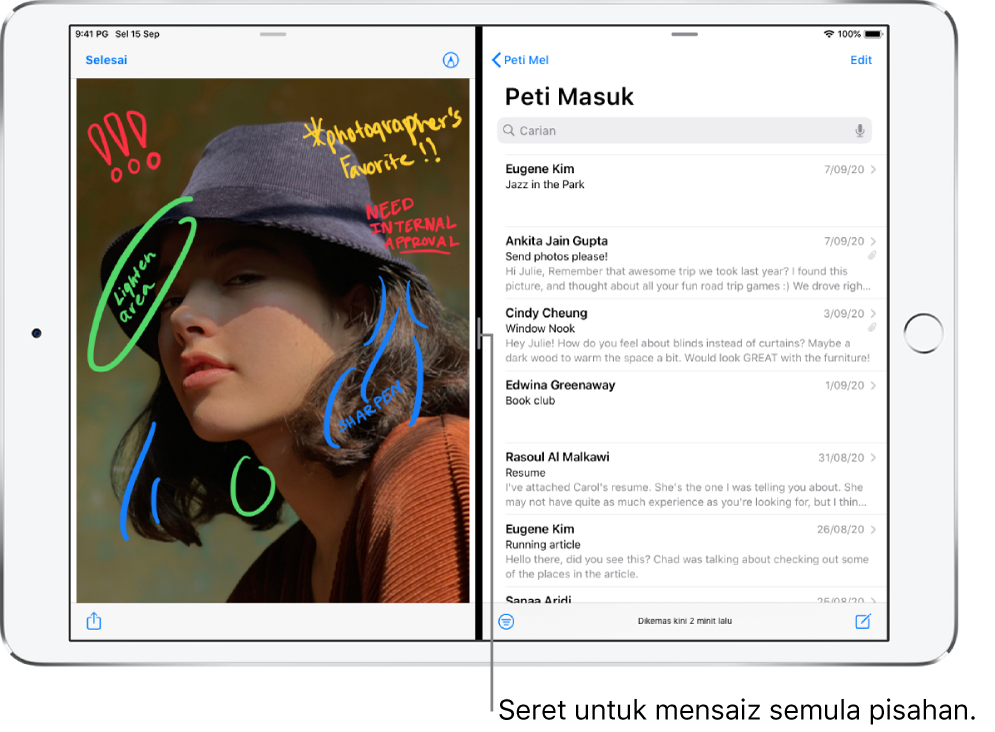 App grafik dibuka di sebelah kiri skrin dan Mail dibuka di sebelah kanan. Petak bual untuk garis hitam antaranya menyatakan “Seret untuk mensaiz semula pisahan”.