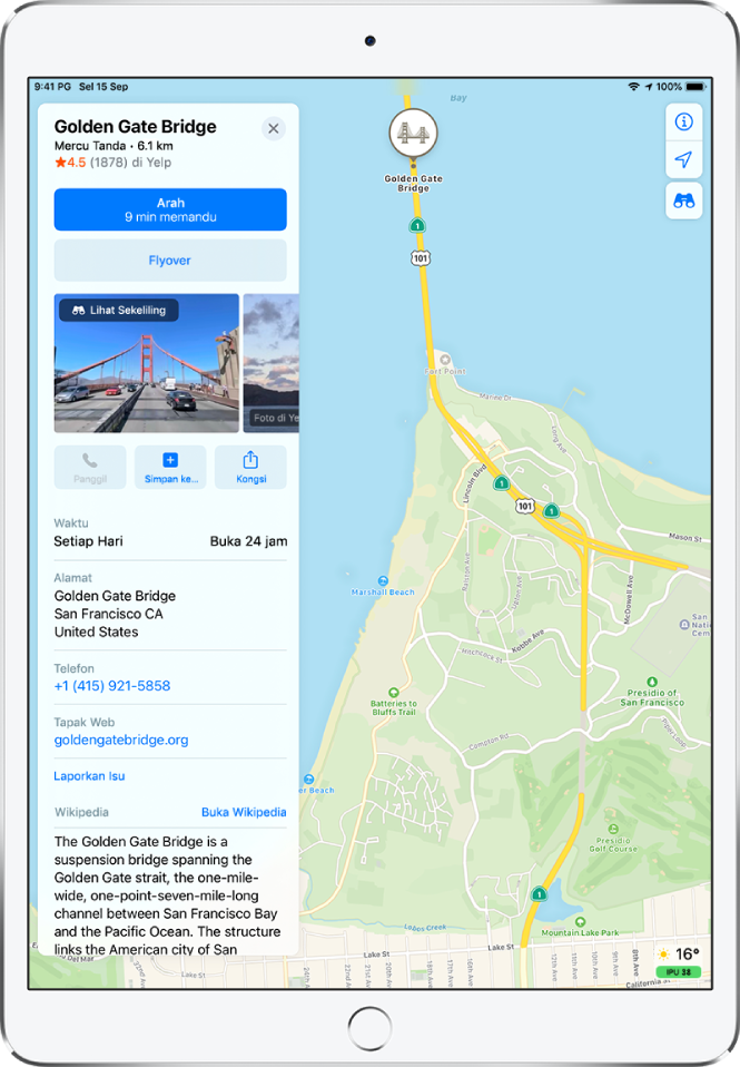 Peta yang menunjukkan lokasi Golden Gate Bridge. Kad maklumat di sebelah kiri skrin menyertakan butang untuk mendapatkan arah, menyertai lawatan Flyover dan membuat panggilan telefon. Kad maklumat juga menyenaraikan maklumat seperti waktu operasi, alamat dan tapak web.