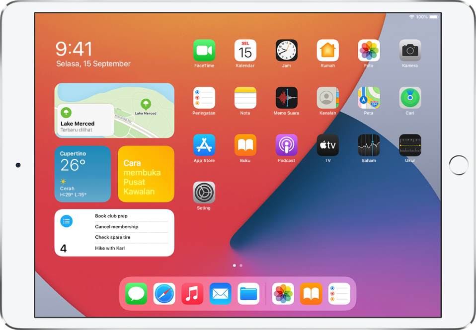 Widget Peta dan tiga widget lain pada Paparan Hari Ini.