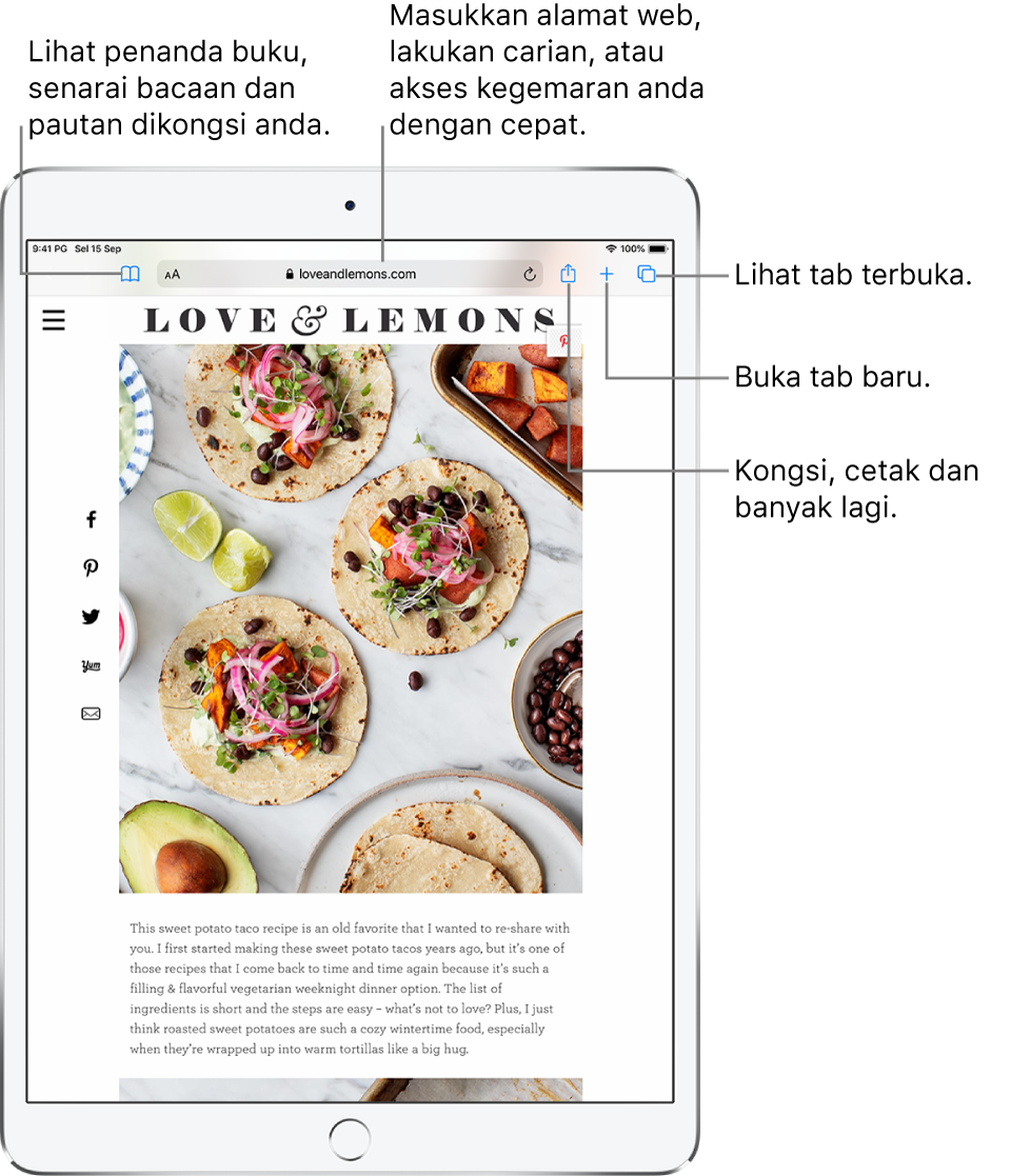 Halaman web dibuka dalam Safari, dengan kawalan ini di atas, dari kiri ke kanan: Butang Balik, Depan dan Penanda Buku, medan alamat, butang Kongsi, Tab Baru dan Halaman.