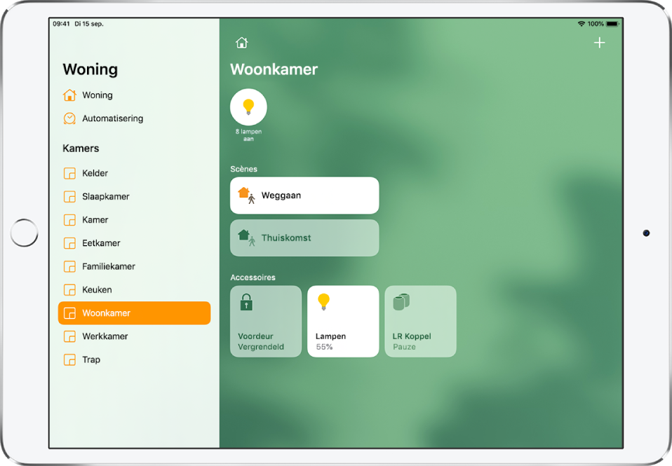 De Woning-app met de navigatiekolom aan de linkerkant. In de navigatiekolom is 'Woonkamer' gemarkeerd. Aan de rechterkant zie je bovenaan een statusknop voor twee lampen, daaronder twee scènes en onderaan drie accessoireknoppen.