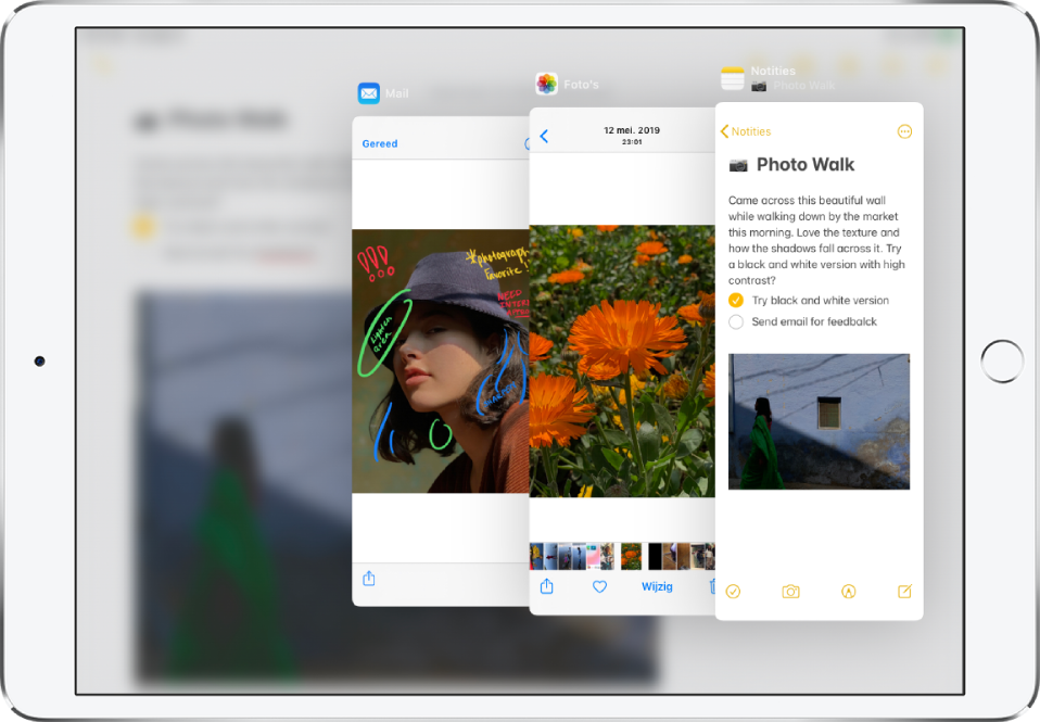 Drie apps geopend in Slide Over-vensters.