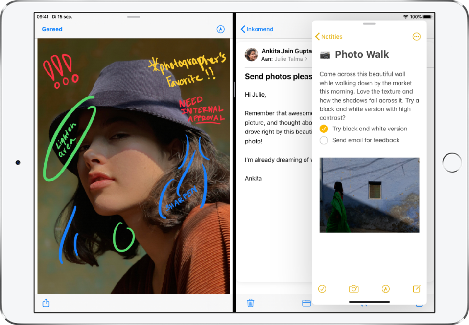 Een grafische app is open aan de linkerkant van het scherm, Agenda is open aan de rechterkant en Mail is open in een Slide Over-venster dat Agenda gedeeltelijk bedekt.