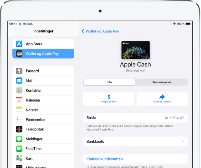 Informasjonsskjermen for Apple Cash-kortet. Saldoen vises øverst til høyre.