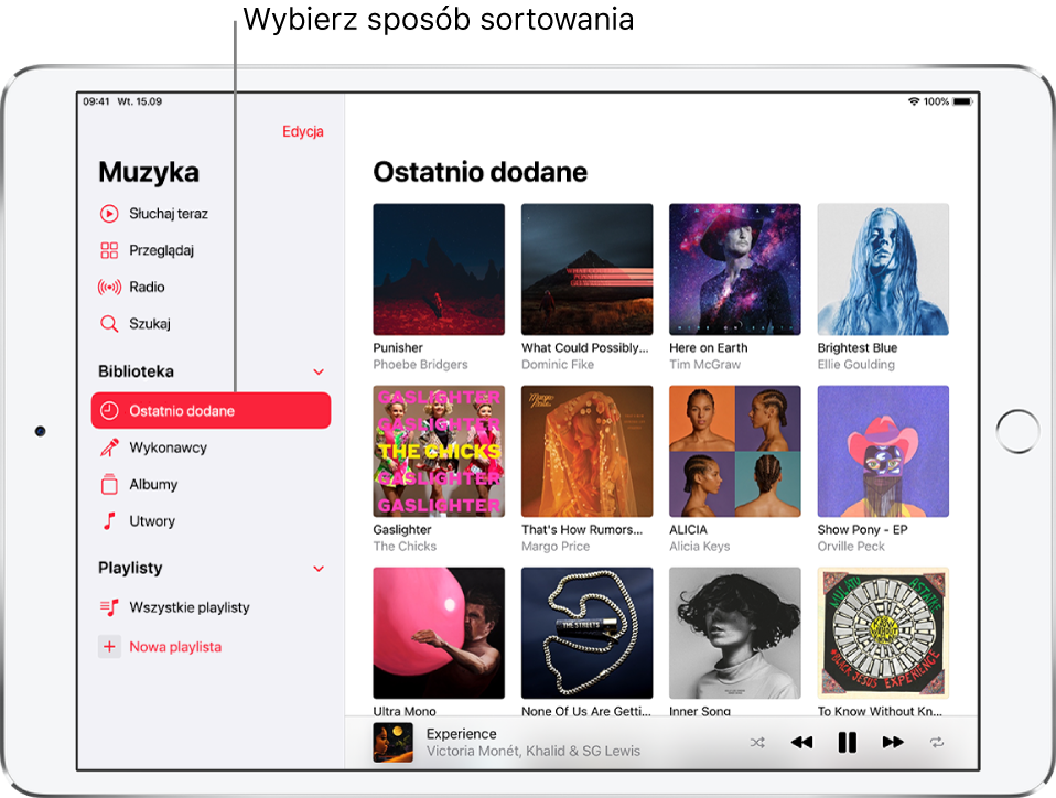 Ekran Biblioteka z paskiem bocznym po lewej, zawierającym wyróżnioną etykietę Ostatnio dodane. Po prawej widoczne są ostatnio dodane albumy. W prawym dolnym rogu wyświetlany jest odtwarzacz.